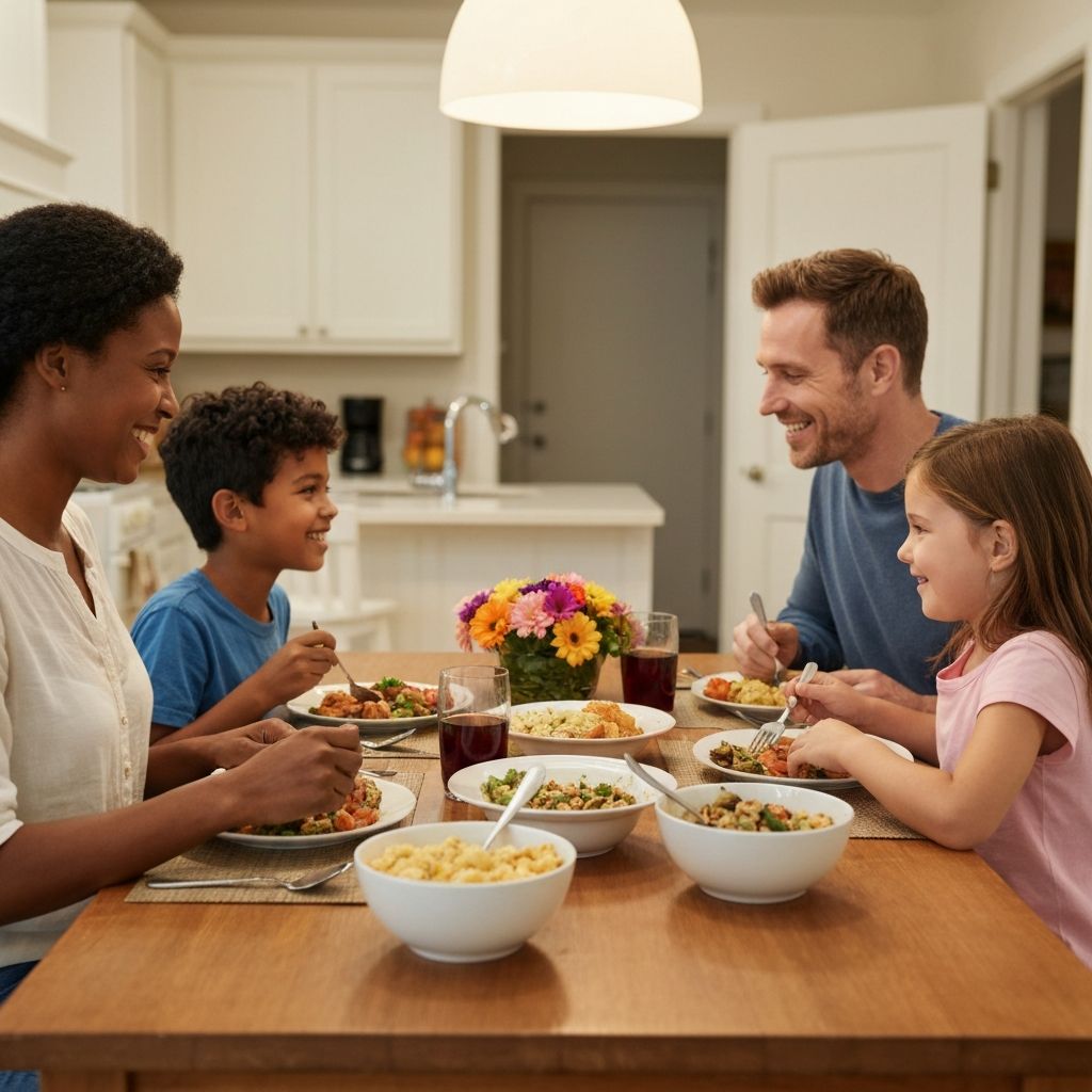 Perhe syö yhdessä ruokapöydän ympärillä